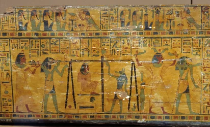 Egypt: detail of the sarcophagus of Khonsoure, representing the goddess Nut and the weighing of the soul of the deceased