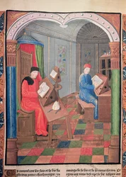 Einhard and Archbishop Turpin writing the history of Charlemagne, from the 