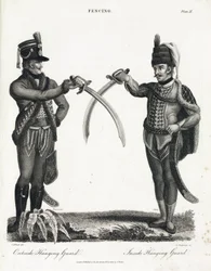 Fencing: open guard in supination and closed guard in supination, executed by Swiss and Prussian officers