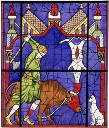 Facsimile of a stained glass window of Notre-Dame de Chartres Cathedral depicting a butcher