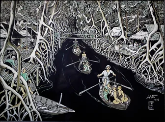 Fine Arts Museum, Ca Mau Guerrillas by Thai Ha, Lacquer Engraving, Ho Chi Minh City, Vietnam, 2018