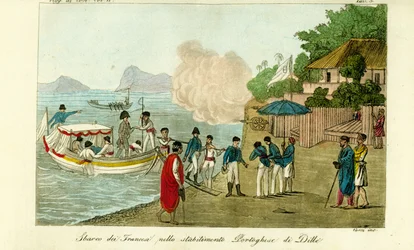 First arrival at the Portuguese settlement at Dille, Timor, now Dili, East Timor