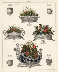 Flower Stands, Flower Dishes, Vases and Jardinieres. Lithograph from a Catalog of Metal Products Manufactured by Wuerttemberg Metalware Factory, Geislingen, Germany