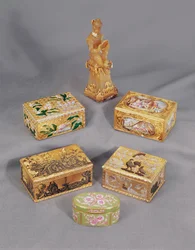 Four Louis XV Style Enamelled Gold Snuff Boxes, Stroganoff, and German Monkey Snuff Box