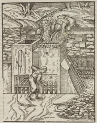 Gold ore heating furnace - Engraving from Description of ores and main mining methods, by Lazarus Ecker
