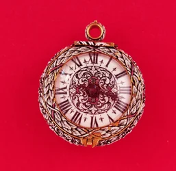 French Pocket Watch with Gold Case Enamelled in Relief with White Flowers and Foliage with Black Markings, by Goullons, c.1650