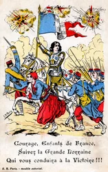 French postcard showing Joan of Arc leading French soldiers to war