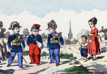 Gendarmes. Engraving in "Alphabet militaire enfantin". Imagery of Pont-a-Mousson, circa 1890
