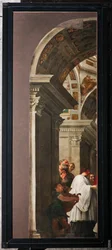 Genoa, Duomo (St Lawrence Cathedral), interior, left aisle, original doors of the organ of the south side transept: "St Lawrence distributes the treasure of the Church to the poor" (1635), by Andrea Ansaldo