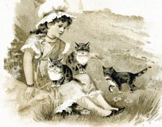 Girl Returning with Cats on Her Knees. Postcard Around 1900