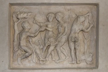 Greek mythology: the Judgment of Paris. The shepherd Paris must choose the most beautiful of the three goddesses: Aphrodite (Venus), accompanied by Cupid, Hera (Juno) and Athena (Minerva). He chooses Aphrodite, to whom he offers a golden apple. Relief