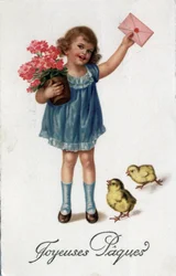 Greeting card for Easter: a little girl bringing a sealed letter accompanied by two chicks - Postcard
