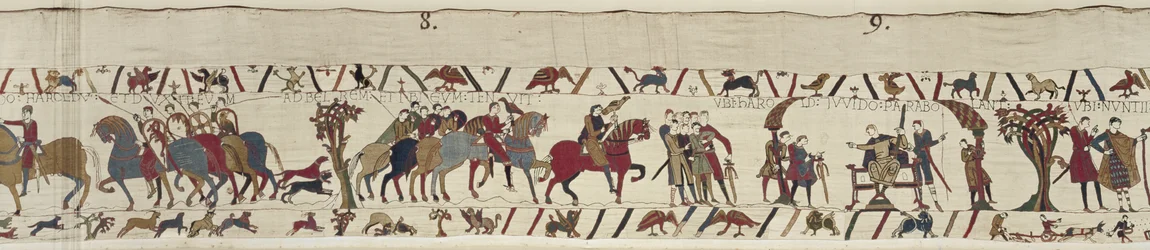 Guy of Ponthieu takes Harold as prisoner to the castle of Beaurain, Bayeux Tapestry