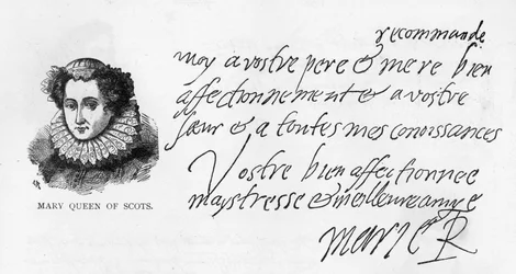 Handwriting and signature of Mary Queen of Scots from a letter written while in prison at Sheffield to her goddaughter, Elizabeth Pierrepoint