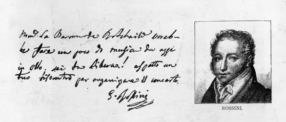Handwriting and signature of Rossini from a letter arranging a concert for Baronne de Rothschild