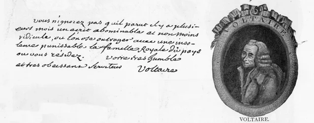 Handwriting and signature of Voltaire, from a letter written at Colmar to the French Minister at the court of Frederick the Great in Berlin, the Chevalier de la Touche, 3 March