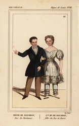 Henry, Count of Chambord, Duke of Bordeaux and Louise Marie Therese of Artois, daughter of the Duke of Berry. Handcoloured lithograph by Madame Calon from Le Bibliophile Jacob aka Paul Lacroix
