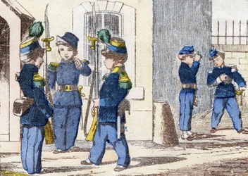 Hunters on foot. Engraving in "Alphabet militaire enfantin". Imagery of Pont-a-Mousson, circa 1890.