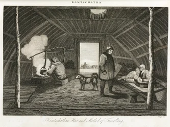 Hut in Kamchatka (eastern peninsula of Russia) and transport sled, around 1810
