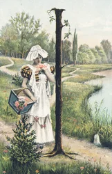 I: A Woman Standing in a Dress, Apron, and Bonnet Holding a Basket on Her Right Arm. Countryside Setting - Alphabet Characters Ref Th. E., L. Theochrom - Series 994. Theodor Eisman, publisher, Leipzig