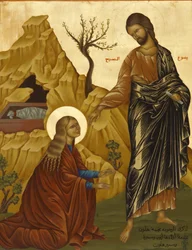 Icon in Haifa Melkite Cathedral: Mary Magdalene with the resurrected Christ, Haifa, Israel