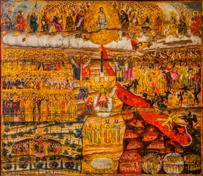 Icon the Last Judgement, Moni Gonias enthroned directly on the sea above a rock, Crete