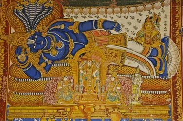 India, Tamil Nadu, Srirangam, Sri Ranganathasvami Hindu Temple (orig 10th century), wall painting of Vishnu.