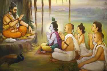Jalaram Prathna Hindu Temple, Leicester. Fresco. Krishna and Devotees Listening to Balarama, United Kingdom