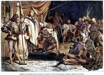 Jean de Bethencourt, Norman gentleman, Baron de Saint Martin le Gaillard, conquered and Christianized the Canary Islands in January 1405, from the magazine “Sur terre et sur mer” n°28, January 8