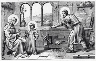 Jesus serving Mary. Alphabet of the child Jesus. Edition of 1932. Woodcarvings signed H G. Private collection