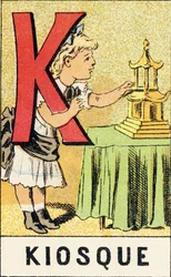 K: Kiosk - Engraving from ABCD of Little Girls. Pellerin & Cie, Epinal, c.1890