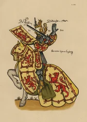 King of Scotland, with lion rampant standard and crest on helm