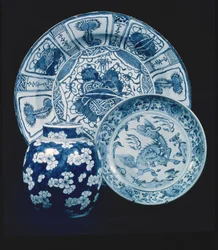 Kraak Porcelain Serving Dish, Wan Li Period; Provincial Dish, Early 16th Century; Blue and White Porcelain Ginger Jar, K