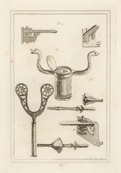 Lance rest, musket rest, coronel from a tilting lance, staff or handle of a tilting lance with hand protector, and tilting lance without hand protector