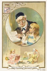 Reading with Grandfather. Advertising chromolithograph depicting an elderly person with a little girl beside them in a circular frame. At the bottom of the image, a little girl sits surrounded by toys. Published by Compagnie Liebig, Paris, late 19th