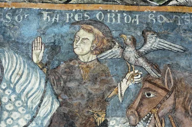 Legend of the foundation of the Abbey of Vezzolano: King Charlemagne hunted falcon. It was said to have the origin of the construction of the abbey. Fresco of the cloister of the Abbey of Vezzolano. Piemont, Italy.