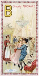 Letter B: prom, balcony, drinks, candles, maid, bench. Engraving of the Alphabet edited by Chocolat Suchard, beginning of the 20th century