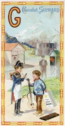 Letter G: glacier, gendarme, gazometer, kid, station, warrior, vane, guitar. Engraving of the Alphabet edited by Chocolat Suchard, beginning of the 20th century