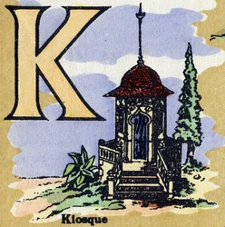Letter K as kiosk. Illustrated alphabet. Imageries reunited in Jarville-Nancy, beginning of the 20th century