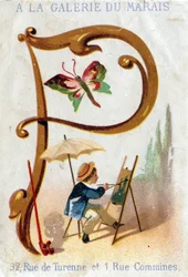 Letter P: Painter, Butterfly, Parasol, Pipe. Alphabet Art Nouveau: Series of 25 Advertising Chromolithographs. Lithography by Alfred Clarey, Late 19th Century. Dim 115x75mm
