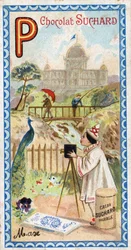 Letter P: palace, pavilion, umbrella, photographer, bridge, fishing, peacock, pensee. Engraving of the Alphabet edited by Chocolat Suchard, beginning of the 20th century