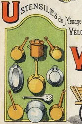 Letter U. Cocote, stove, squirrel, saucepan. Engraving in "ABC Toys". Epinal imaging in chromolithography, circa 1890