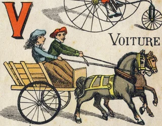 Letter V for car. Engraving in "ABC Toys". Epinal imaging in chromolithography, circa 1890
