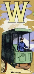The letter W as in Watmann with a train driver. Illustrated alphabet. Imageries Réunies in Jarville-Nancy, beginning of the 20th century. Dimensions: 40 x 29 cm. Lithograph on a bistre background