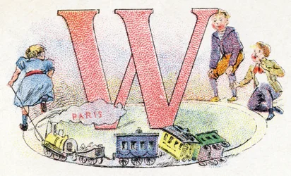 Letter W: Wagon. Alphabet of Phosphatine Falieres. Engraving. Late 19th century
