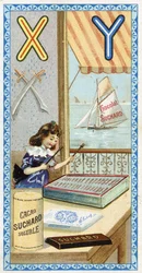 Letter X: xylophonist and Y: yatagan, yacht. Engraving of the Alphabet edited by Chocolat Suchard, beginning of the 20th century