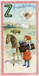 Letter Z: zephir, zouave, zebu, zebra, zero. Engraving of the Alphabet edited by Chocolat Suchard, beginning of the 20th century