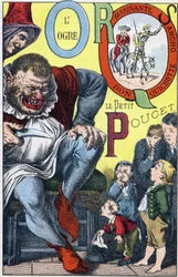 Letters: O P Q R S - The Ogre and the Peucet, Don Quixote, Rossinante and Sancho. Engraving in 