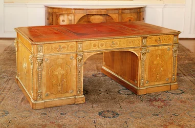 Library table, inlaid mahogany