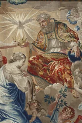 Life of the Virgin: “Coronation of the Virgin” Detail depicting God and the dove of the Holy Spirit above the Virgin - Wool and silk tapestry made in the workshop of Pierre Damour from Charles Poerson